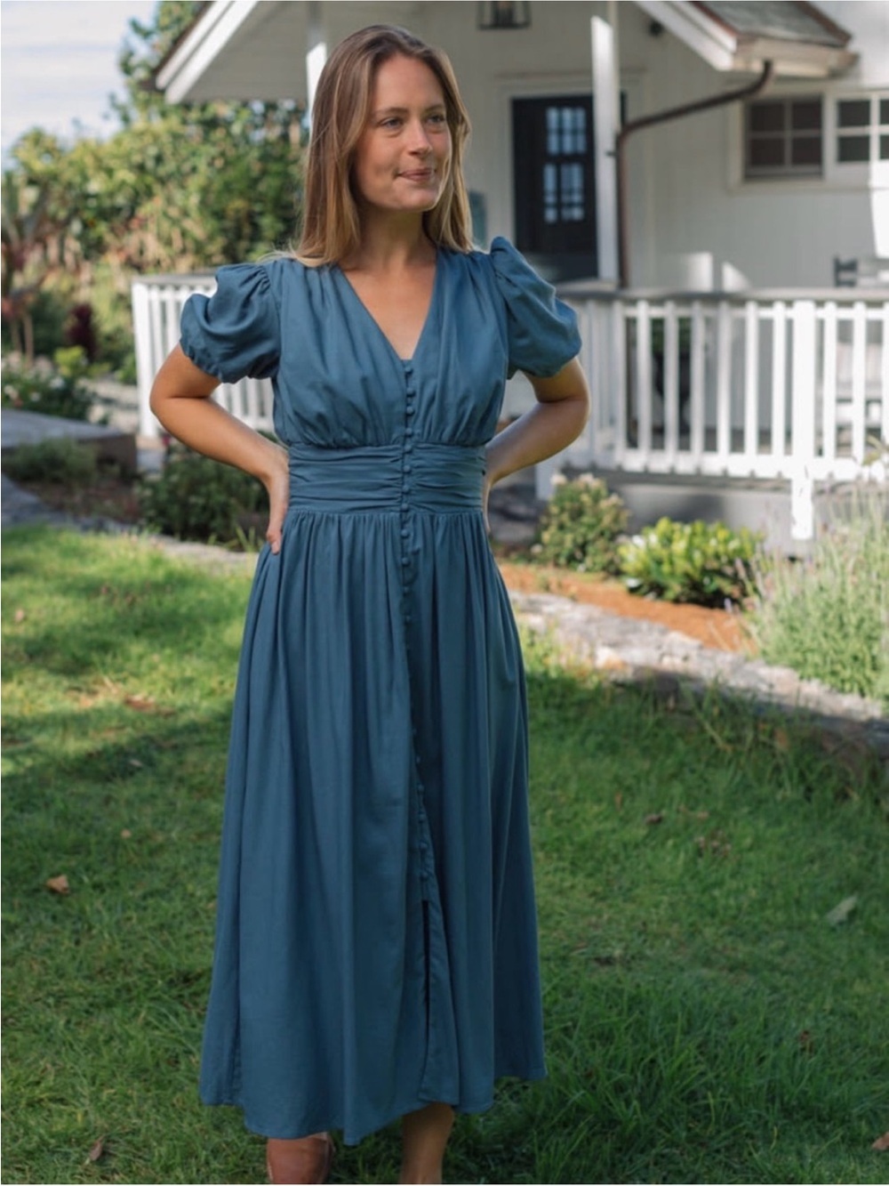 Neuflora Lyndon dress Blue V-Neck Midi Dress with Puff Sleeves